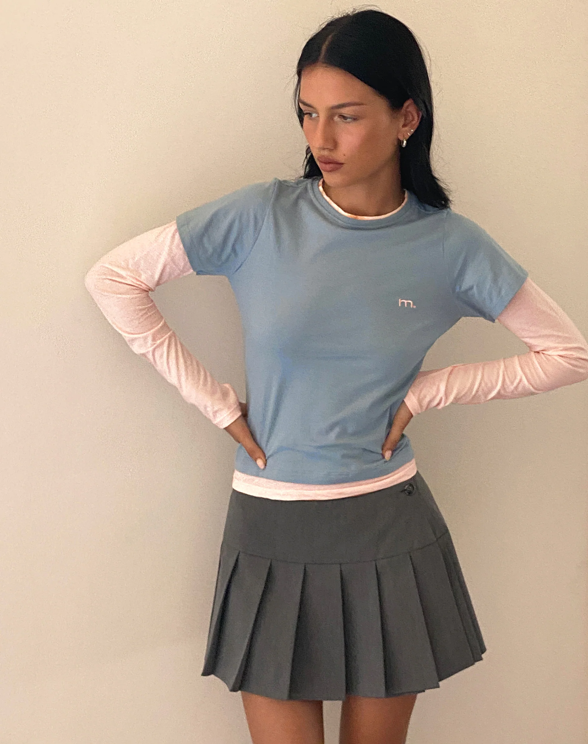 Galen Two Toned Long Sleeve Top in Light Grey Blush with 'M' Embroidery - Image 3
