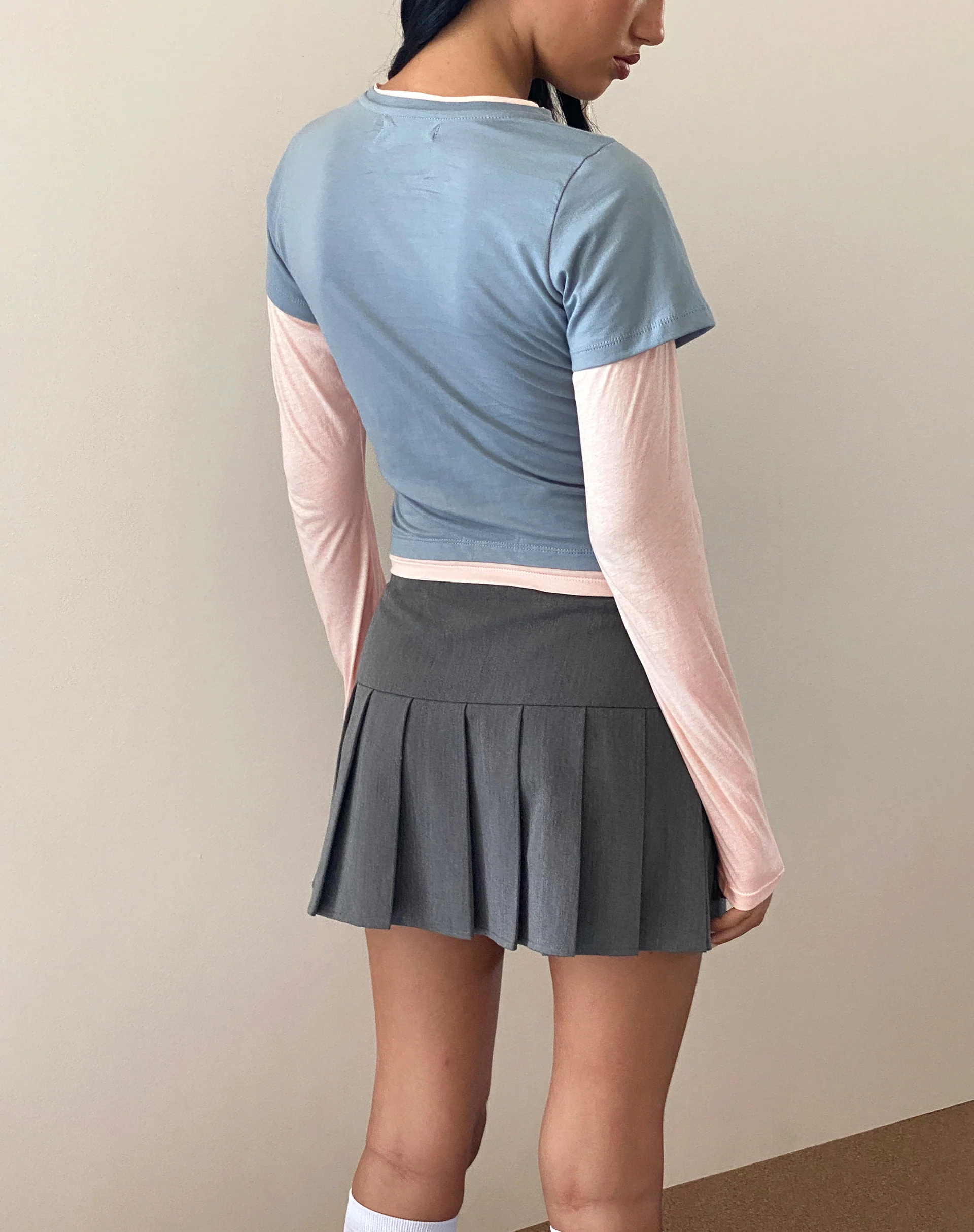 Galen Two Toned Long Sleeve Top in Light Grey Blush with 'M' Embroidery - Image 4