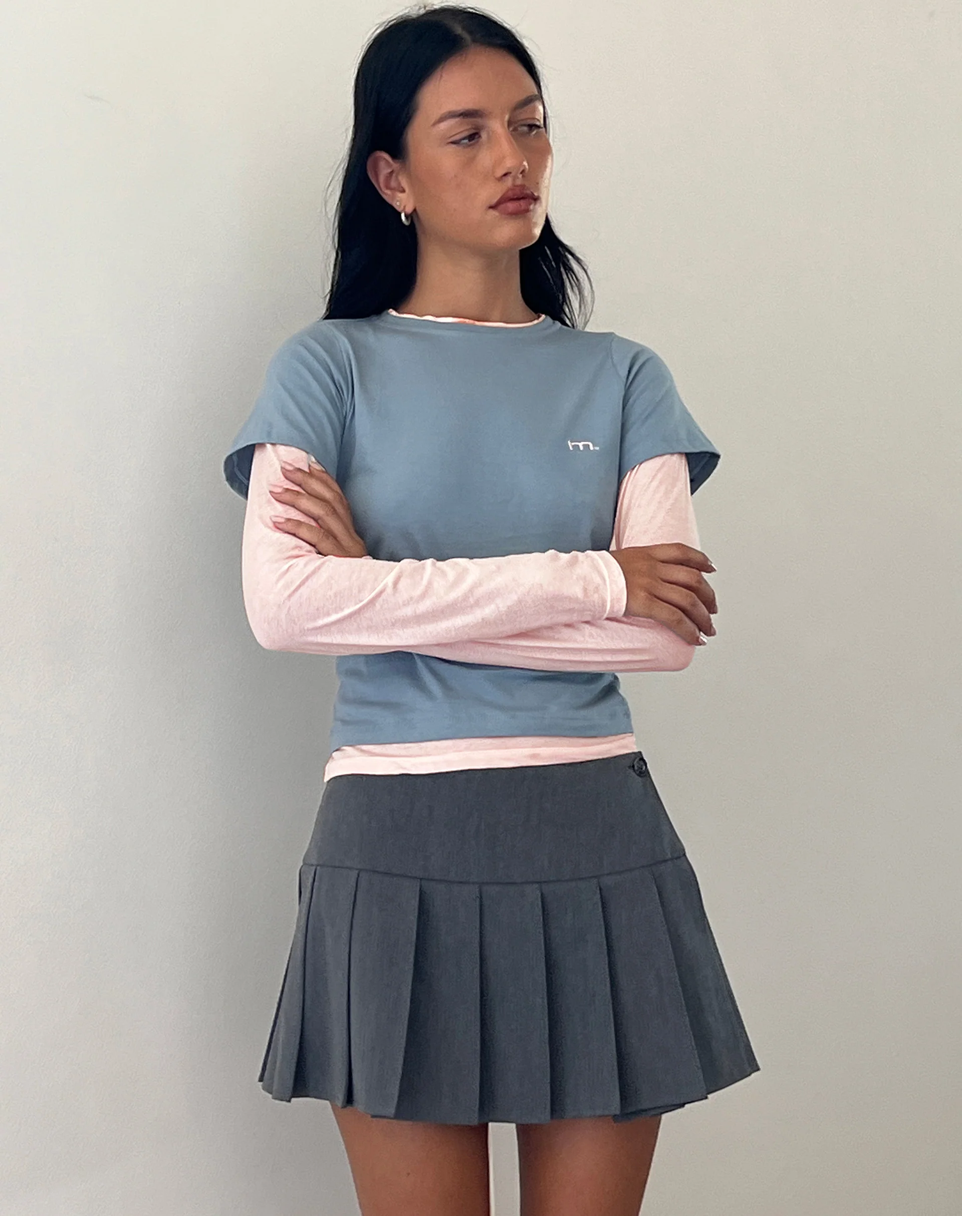 Galen Two Toned Long Sleeve Top in Light Grey Blush with 'M' Embroidery - Image 5