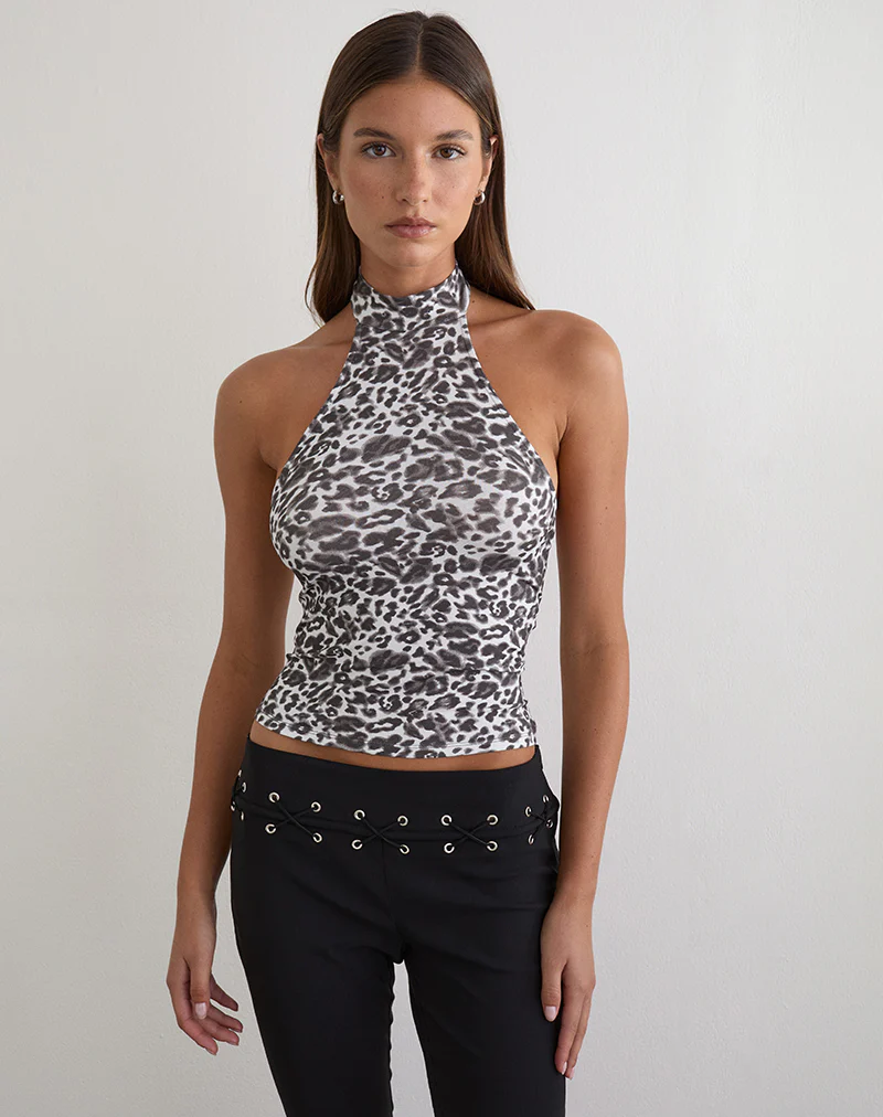 Galile High Neck Top in Jersey Blurry Leopard Grey - Image 2