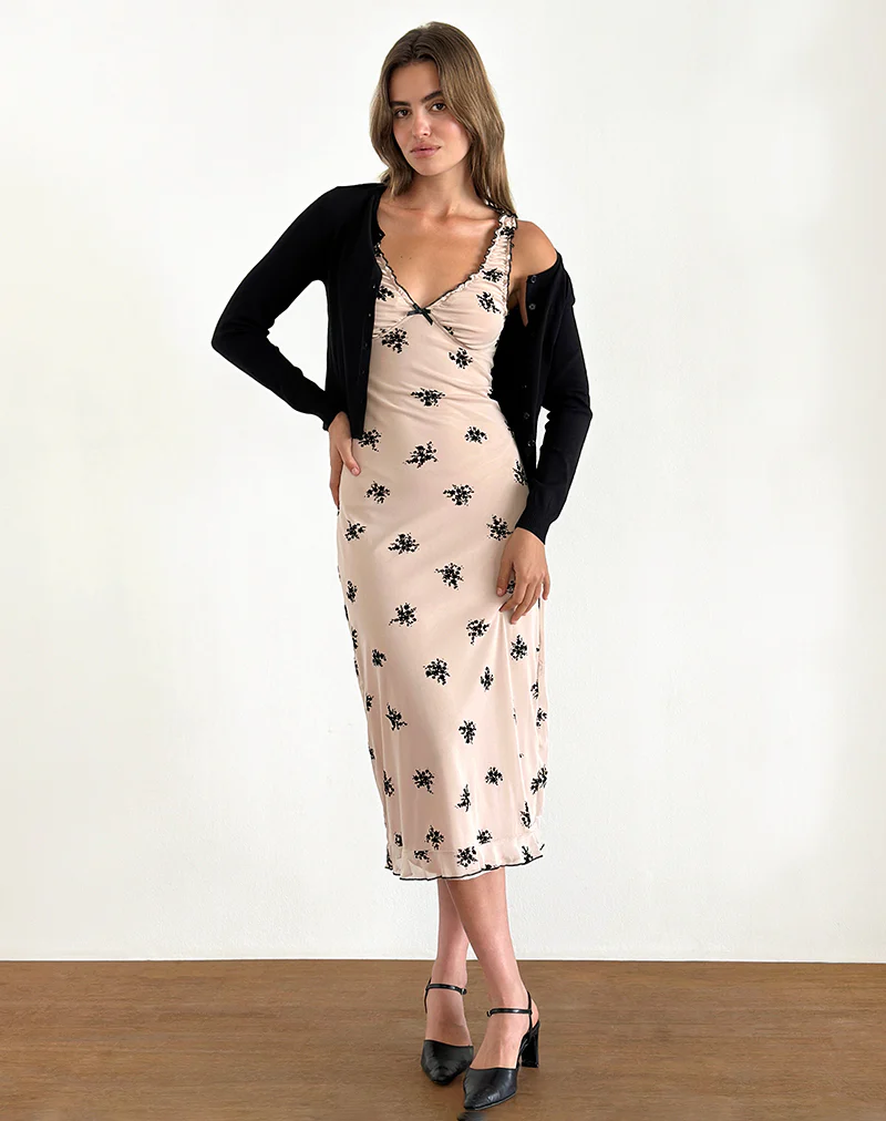 Gandira Midi Dress in Cluster Ditsy Floral Flock Nude - Image 3