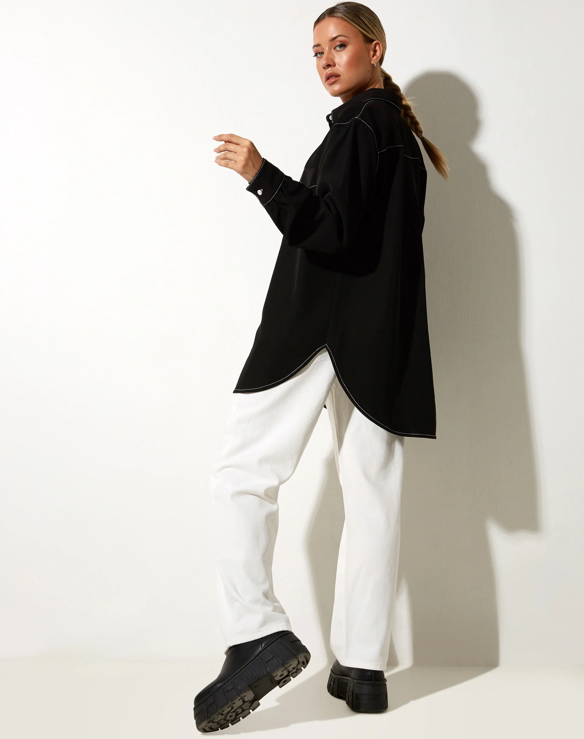 Gane Shirt in Black with White Stitch - Image 4