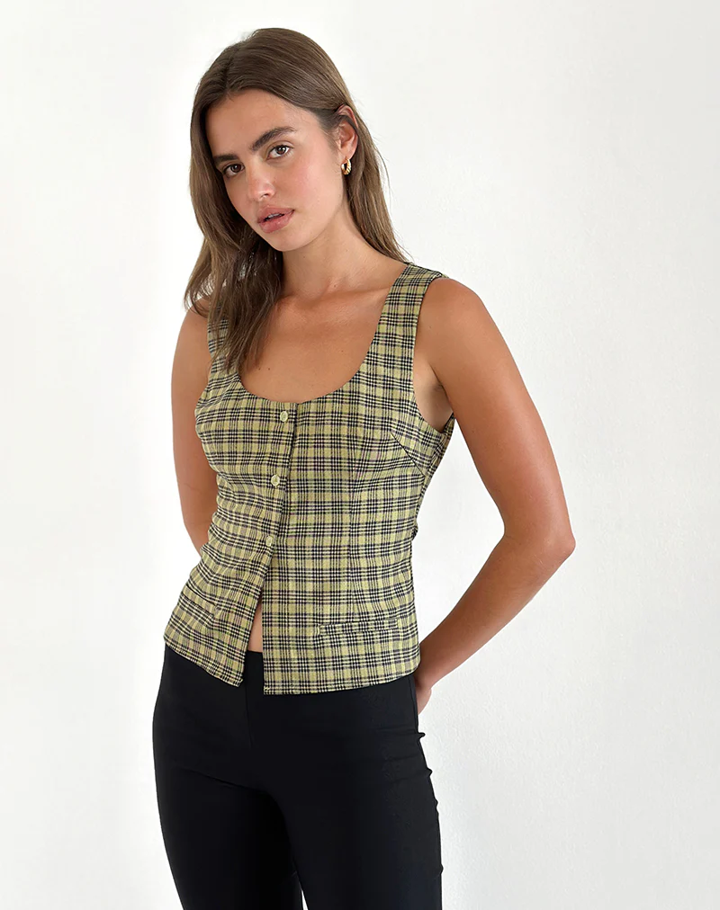 Ganita Button Through Vest Top in Yellow Check - Image 2