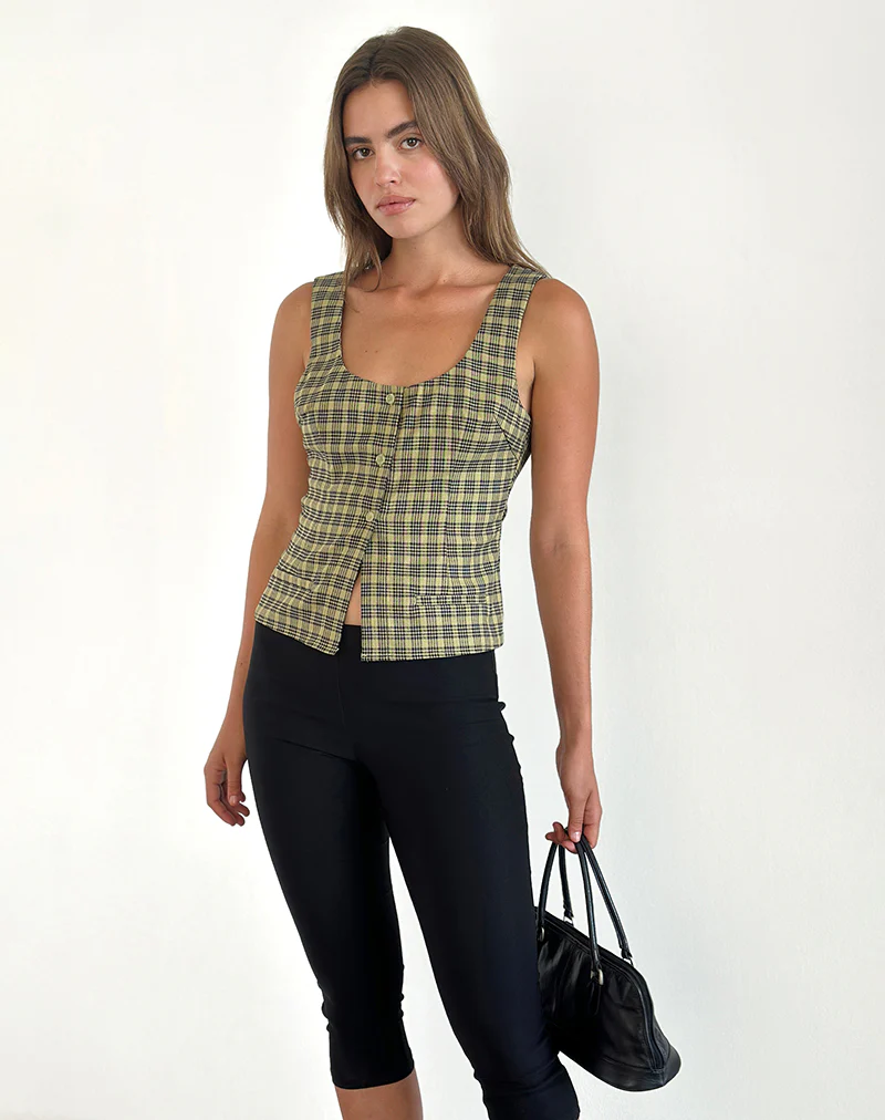 Ganita Button Through Vest Top in Yellow Check - Image 4