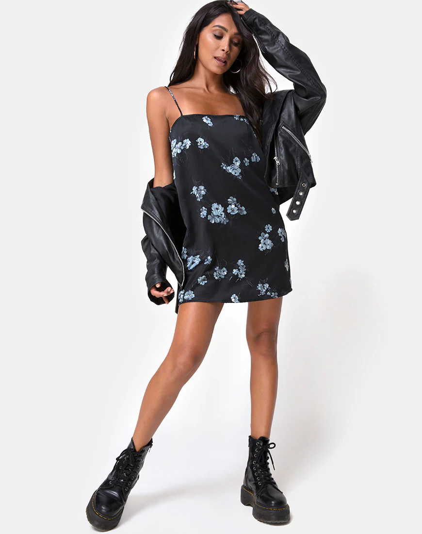 Gashi Slip Dress in Mono Flower Black Satin - Image 4