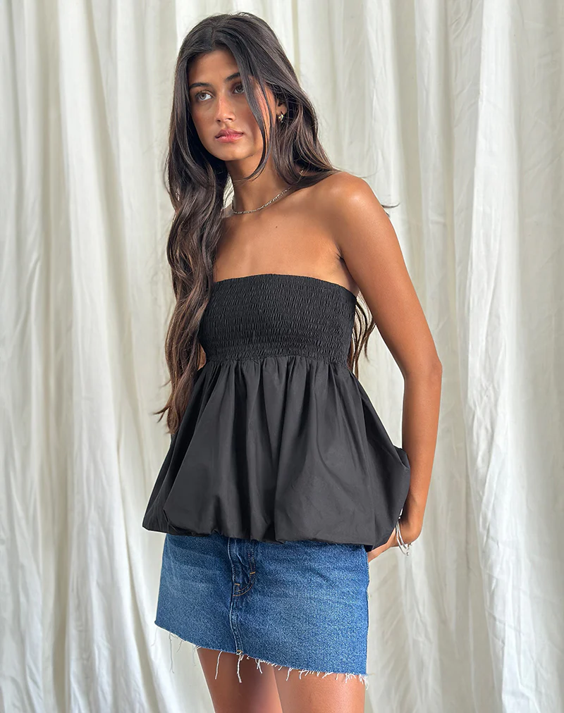Gaux Puffball Shirred Bandeau Top in Black - Image 4