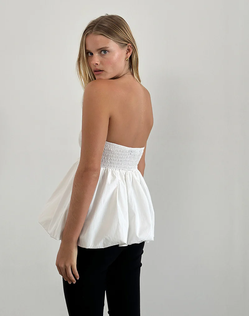 Gaux Puffball Shirred Top in Poplin Ivory - Image 4
