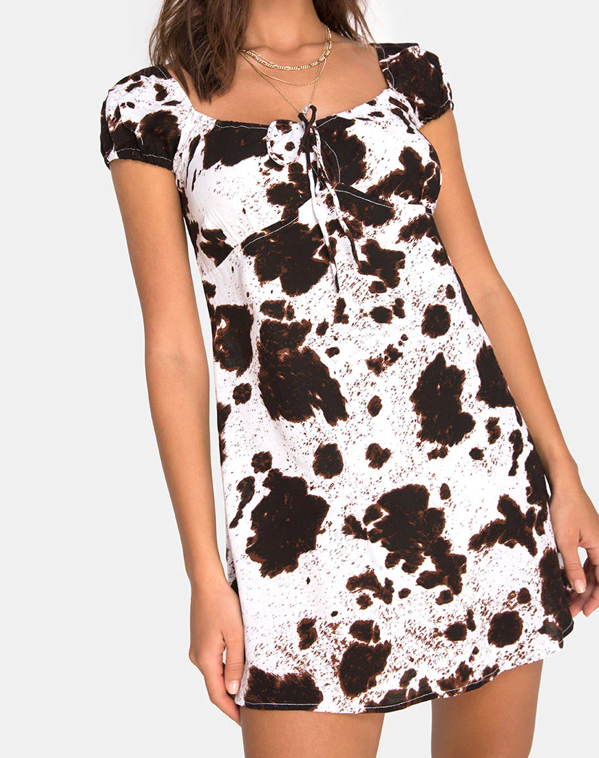 Gaval Mini Dress in Cow Hide Brown and White - Image 7