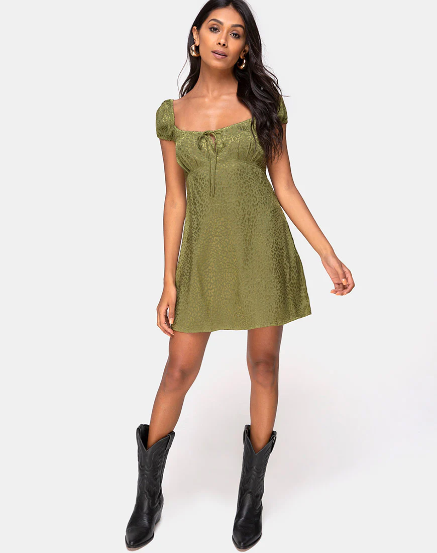 Gaval Mini Dress in Satin Cheetah Khaki - Image 3