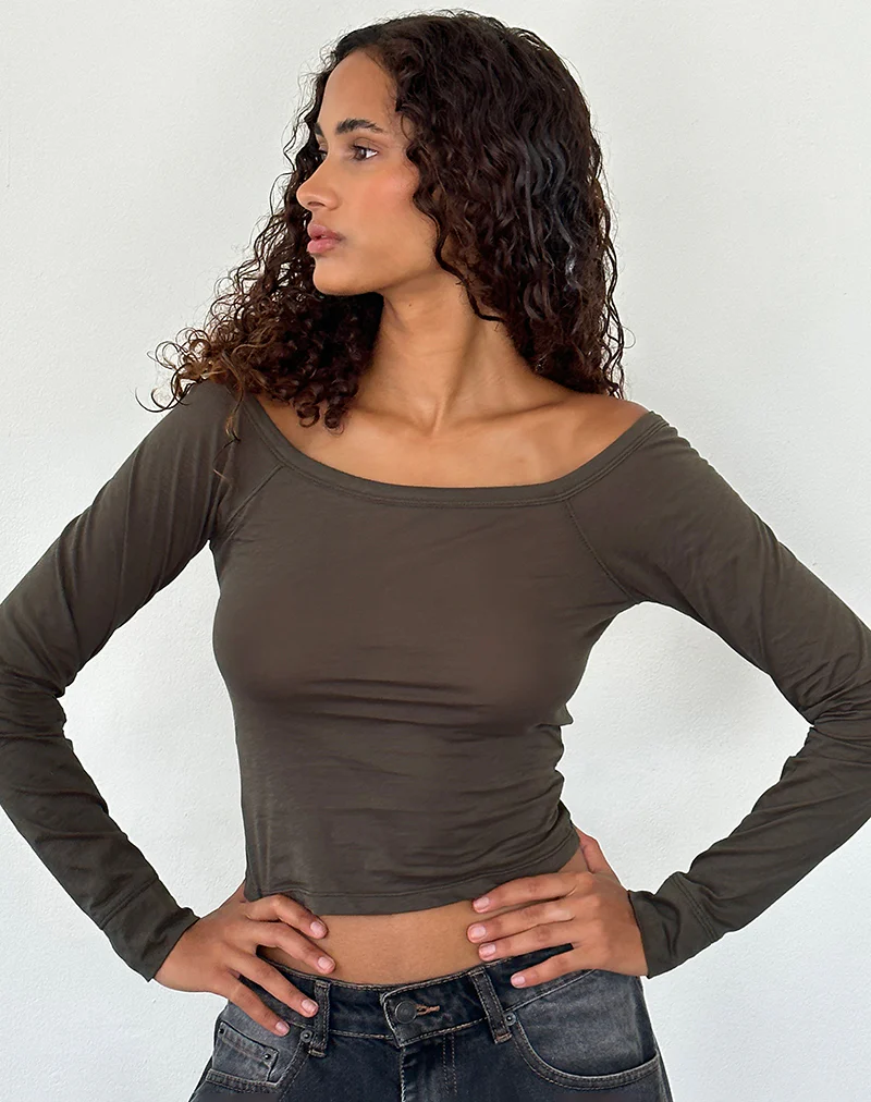 Gavya Long Sleeve Bardot Top in Olive Jersey - Image 2