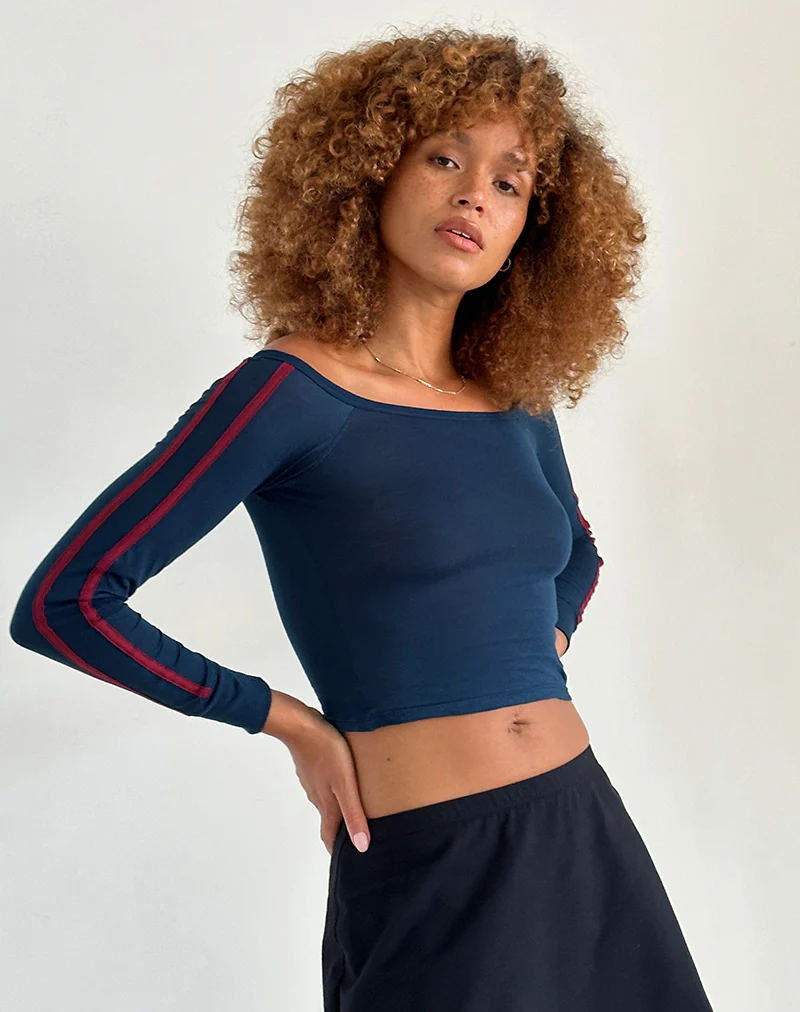 Gavya Bardot Long Sleeve Top in Navy with Adrenaline Red Stripe - Image 2