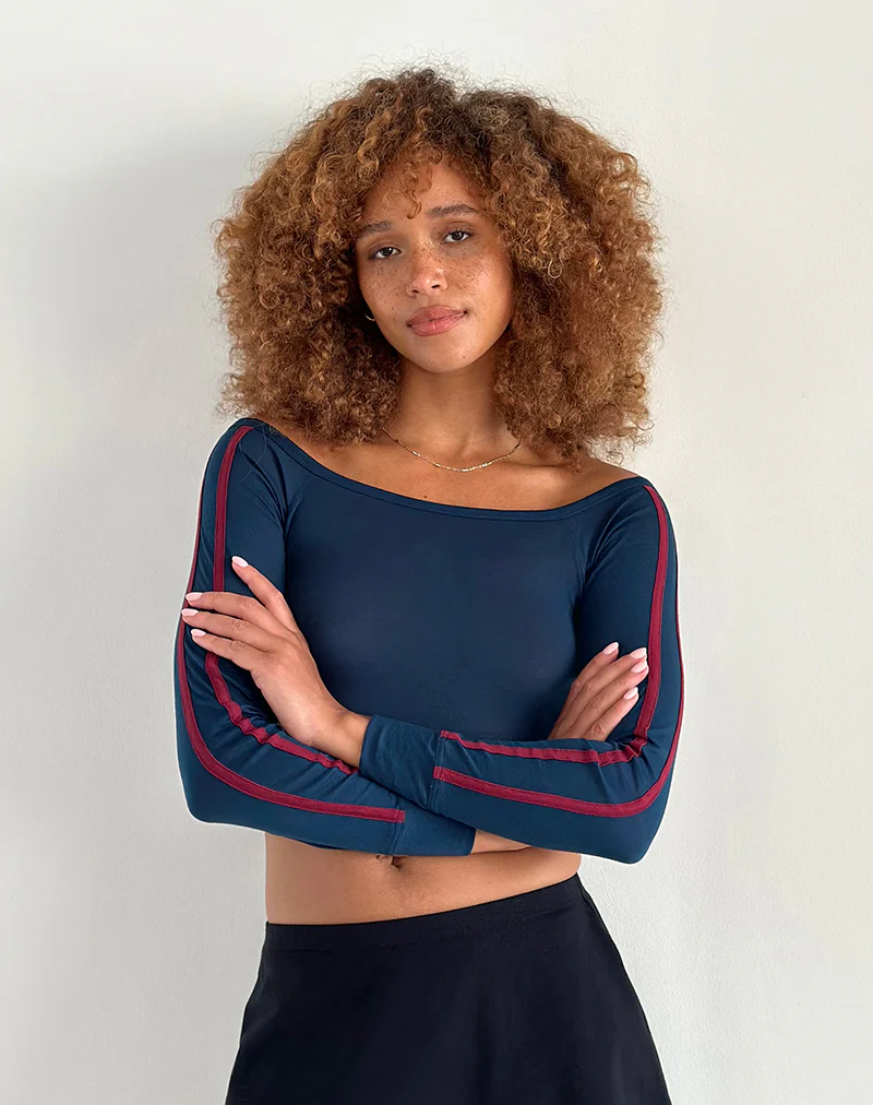 Gavya Bardot Long Sleeve Top in Navy with Adrenaline Red Stripe - Image 4