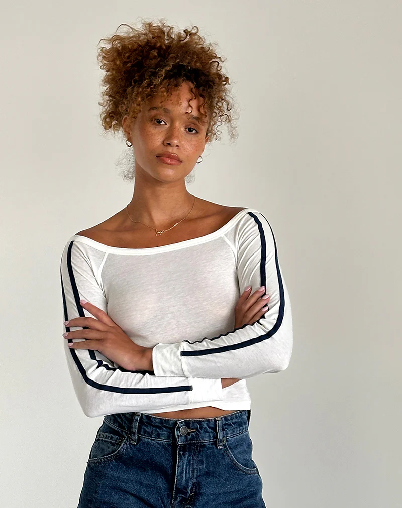 Gavya Long Sleeve Top in Off White with Navy Stripe - Image 3