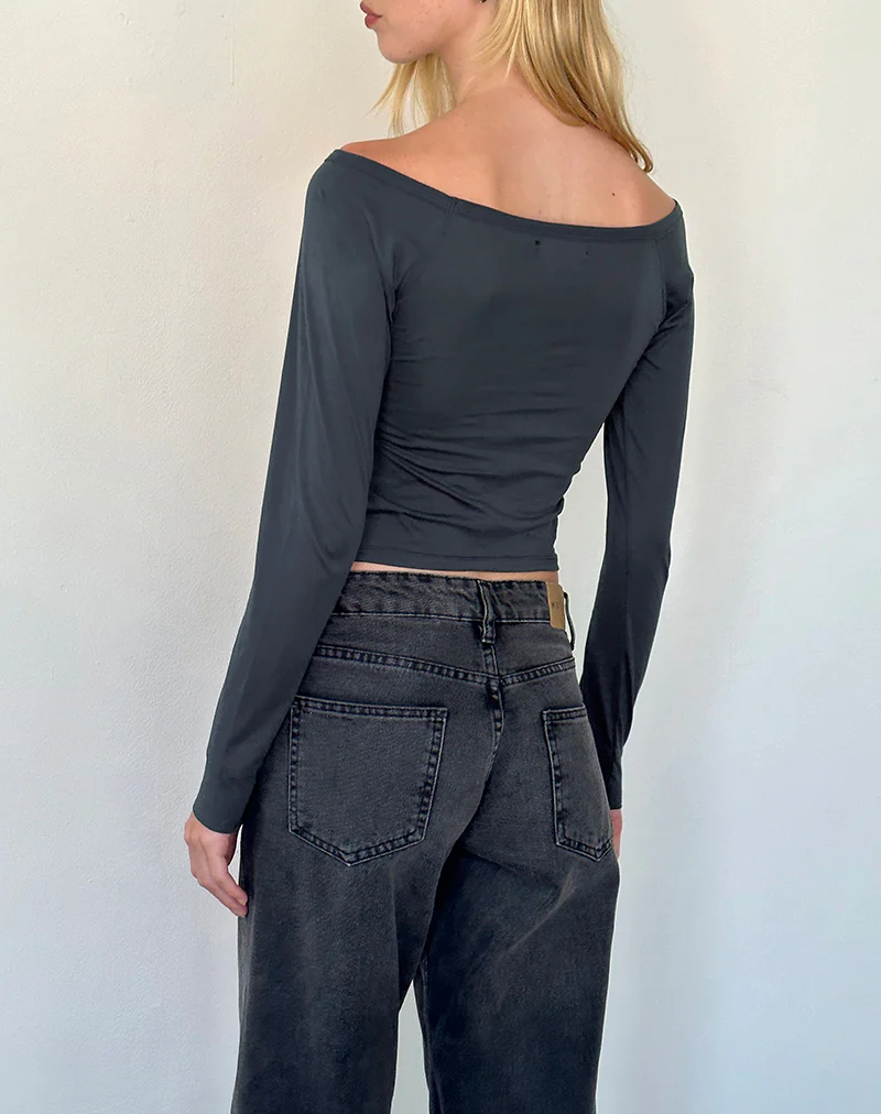Gavya Long Sleeve Bardot Top in Ocean Storm Jersey - Image 2