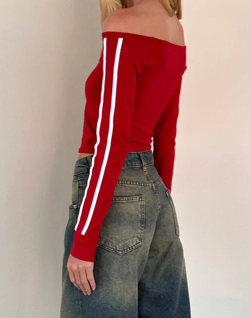 Gavya Long Sleeve Bardot Top In Adrenaline Red with White Piping - Image 6
