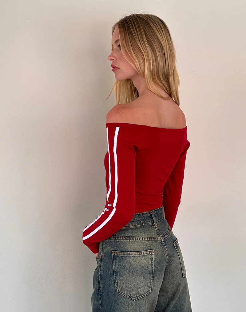 Gavya Long Sleeve Bardot Top In Adrenaline Red with White Piping - Image 7