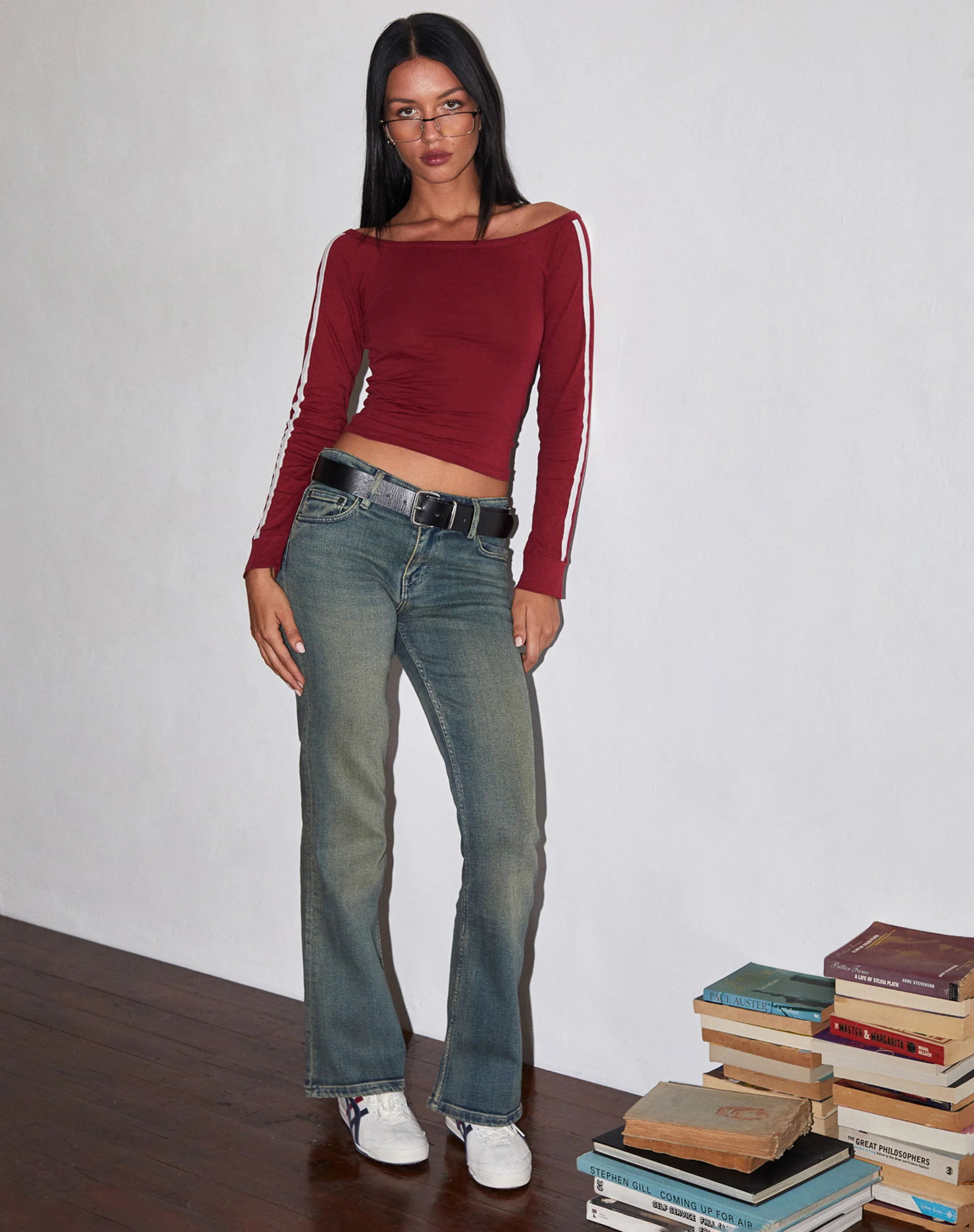 Gavya Long Sleeve Top in Red with White Piping - Image 3