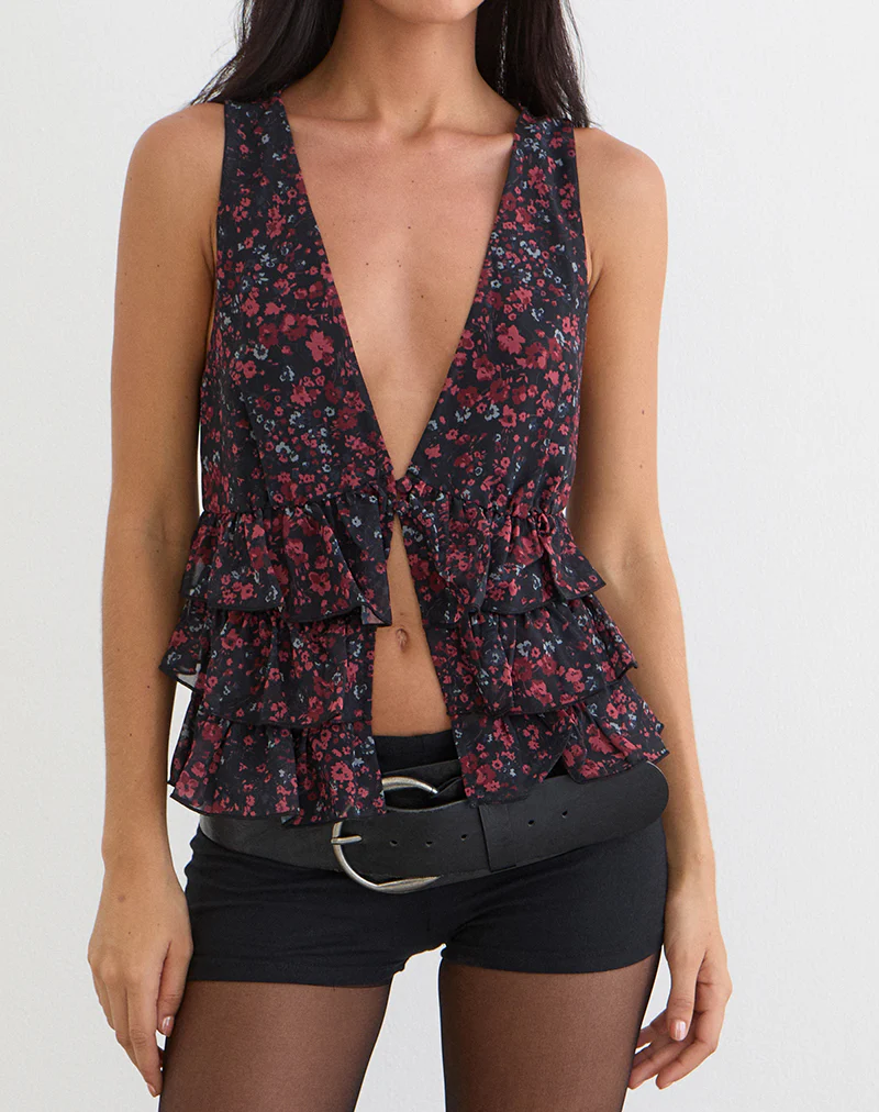 Gendhis Vest Top in Chiffon Scattered Floral Black and Red - Image 2