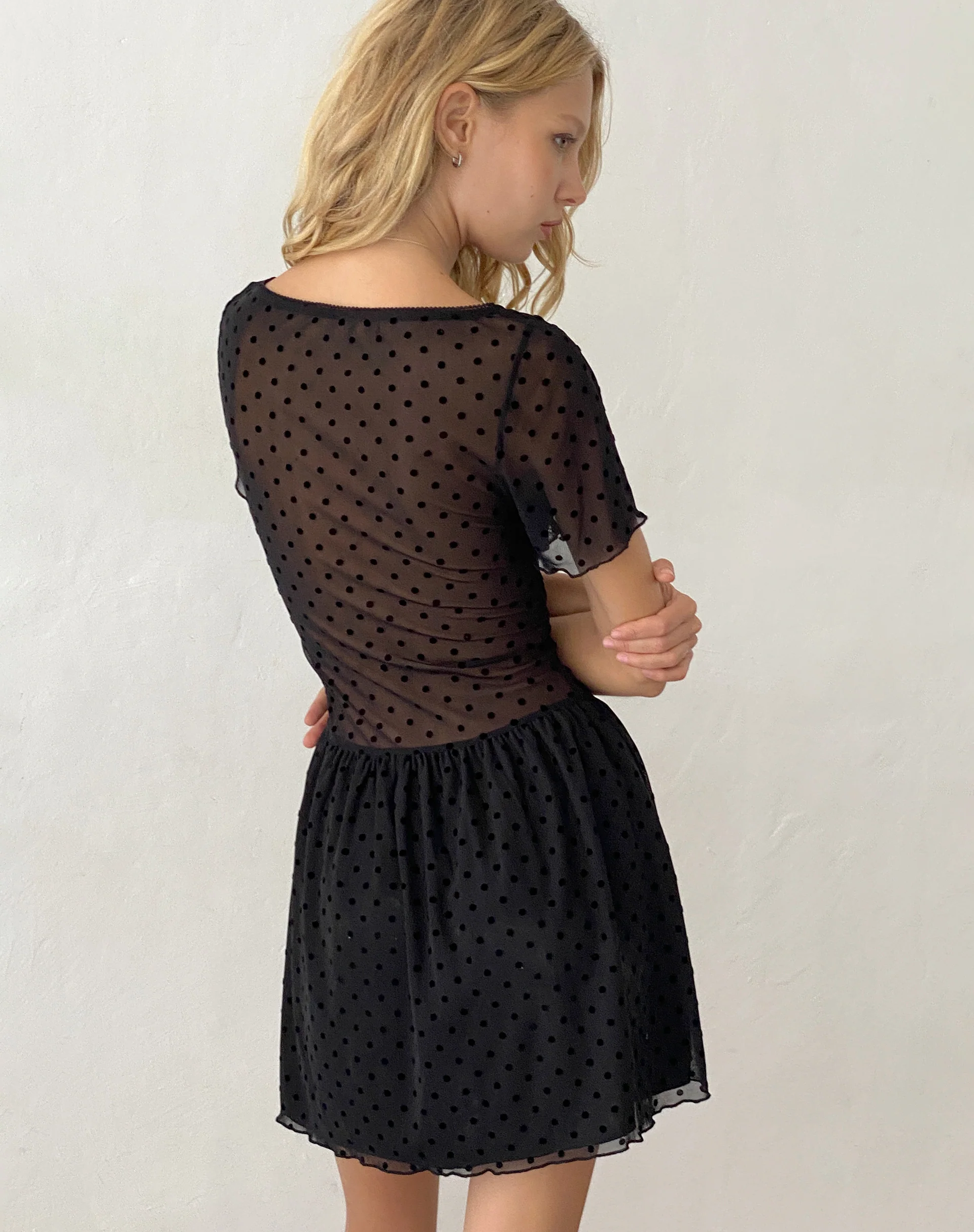 Geni Mini Dress in Polka Black Flock - Image 5