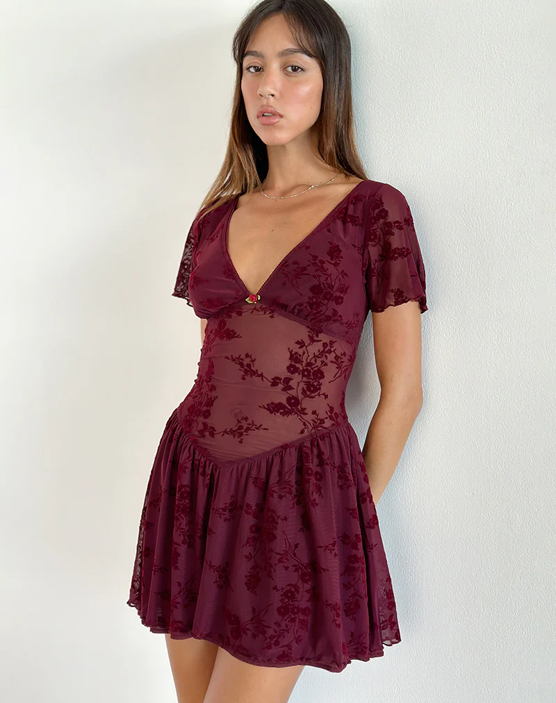 Geni Mini Dress in Botanical Flower Maroon - Image 2