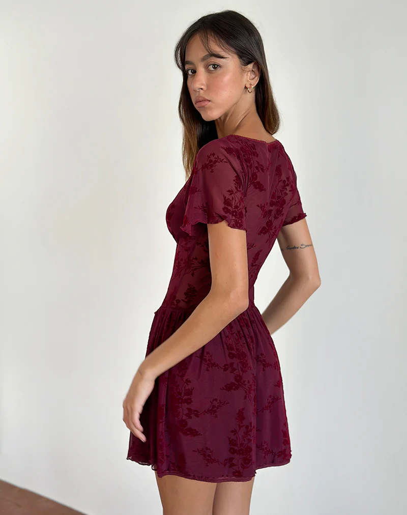 Geni Mini Dress in Botanical Flower Maroon - Image 3