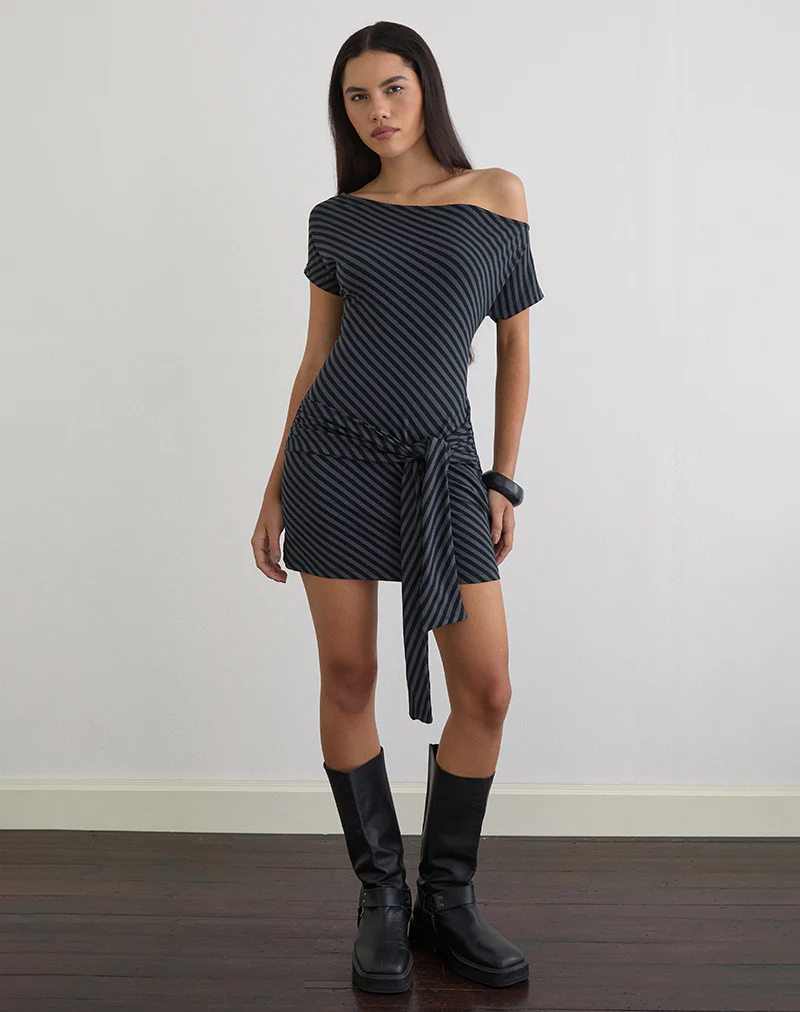 Genya Mini Dress in Oblique Stripe Ocean Storm - Image 2