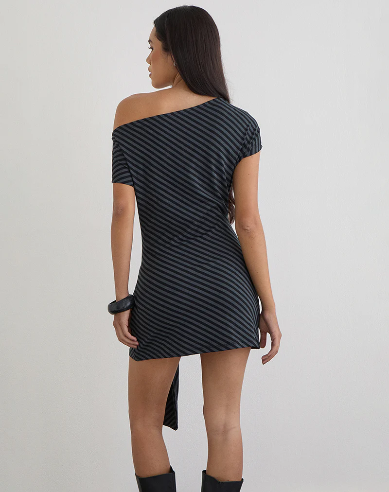 Genya Mini Dress in Oblique Stripe Ocean Storm - Image 3