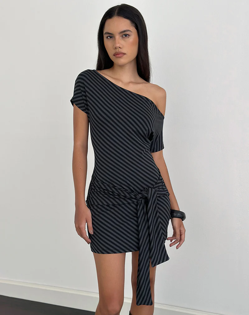 Genya Mini Dress in Oblique Stripe Ocean Storm - Image 4