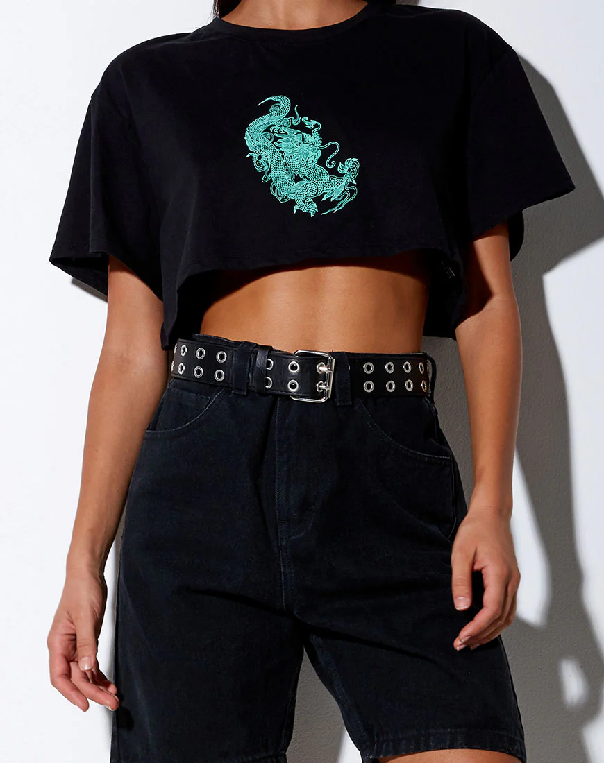 Georgi Cropped Tee in Black and Mint Dragon Placement - Image 2