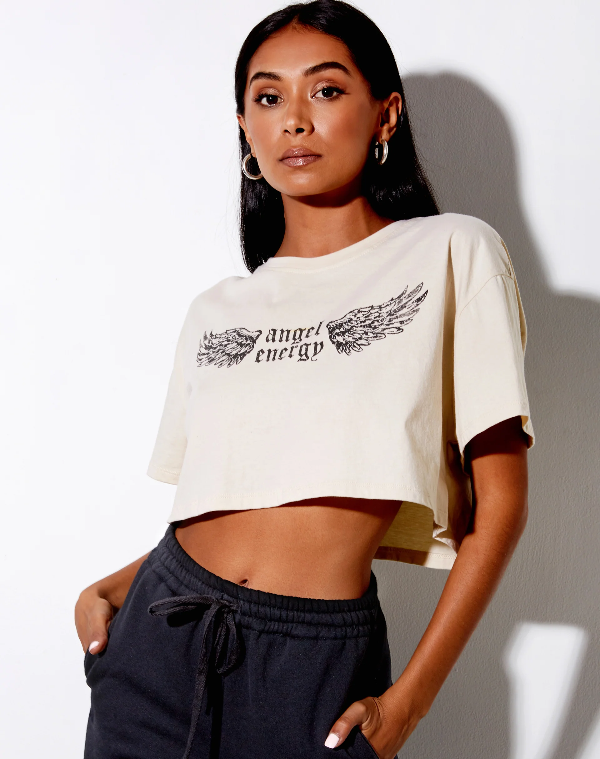 Georgi Cropped Tee in Stone 'Angel Energy' Wings - Image 2