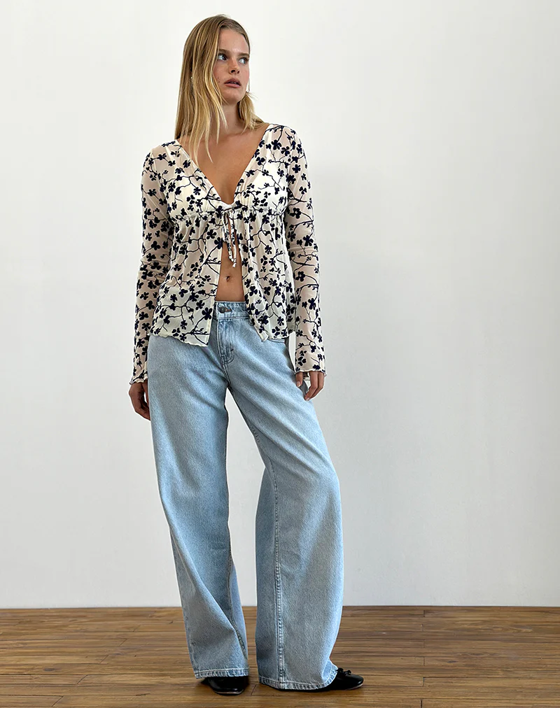 Gerbera Long Sleeve Top in Grunge Floral Flock Cream - Image 4