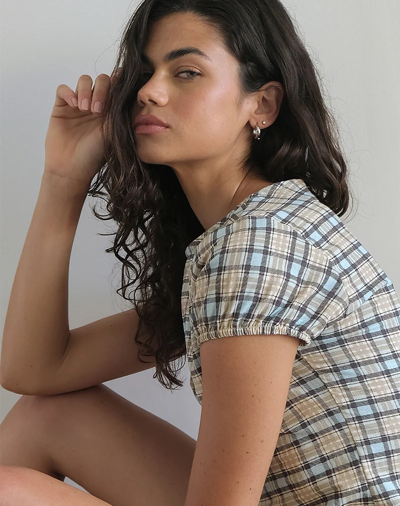 Gingka Mini Dress in Pastel Blue Tartan - Image 5