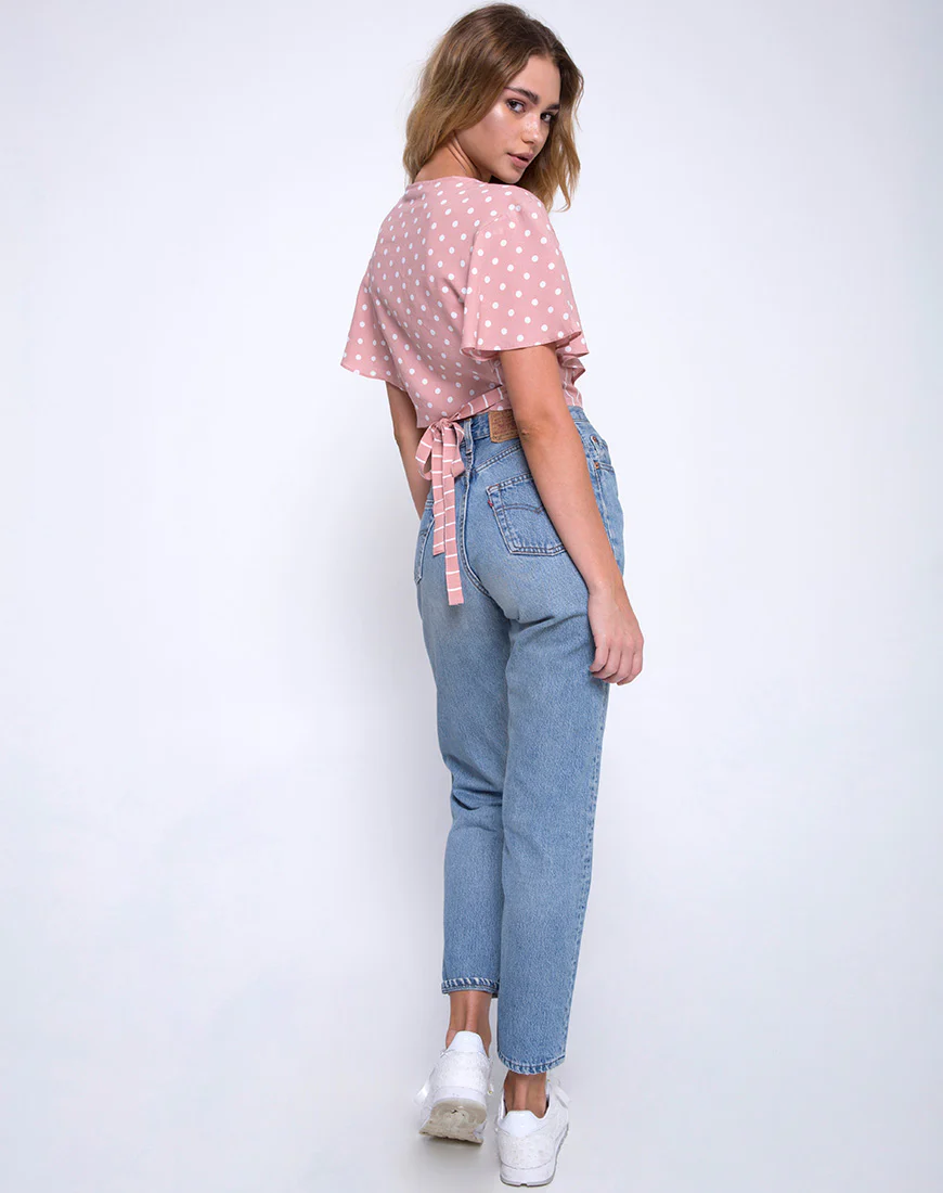 Gios Wrap Top in Spot Stripe Pink and White - Image 4