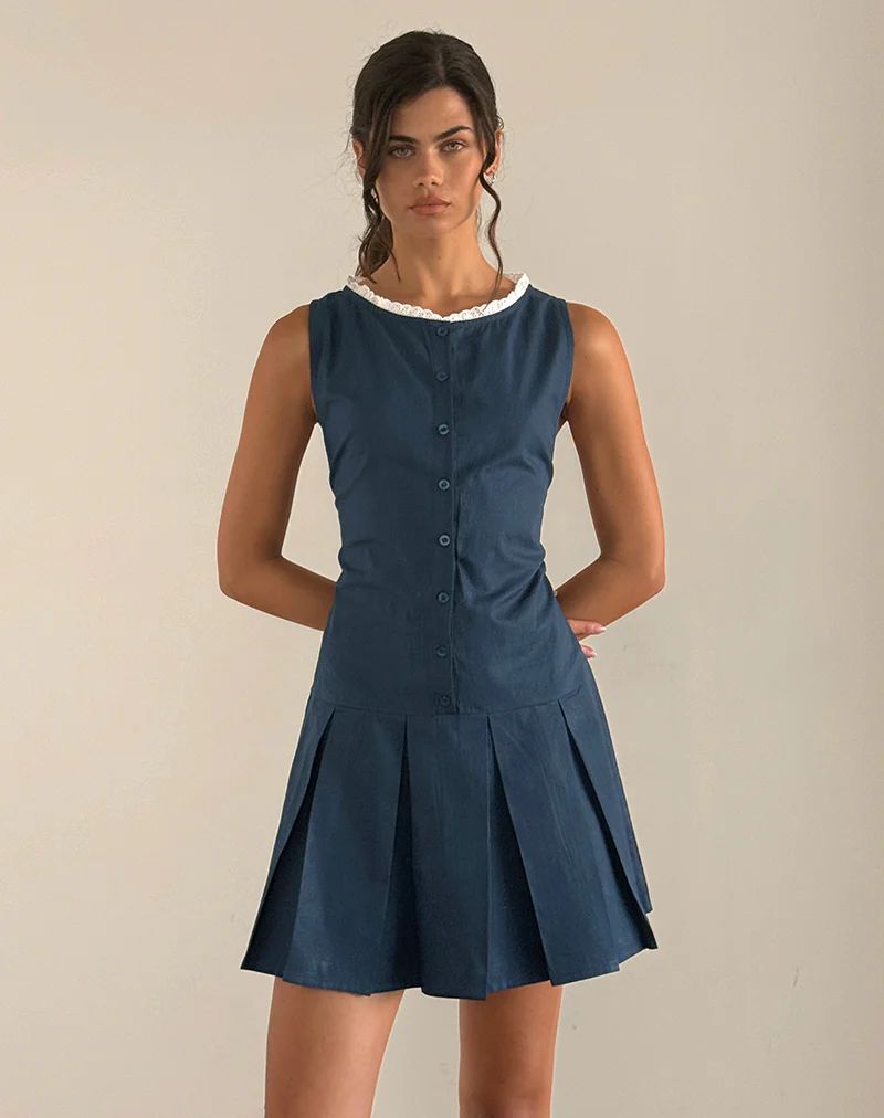 Gitas Button Mini Dress in Poplin Navy - Image 3