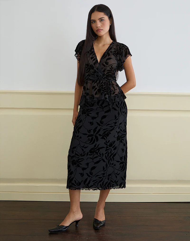Giuliana Wrap Top in Flock Leaf Flower Black - Image 3