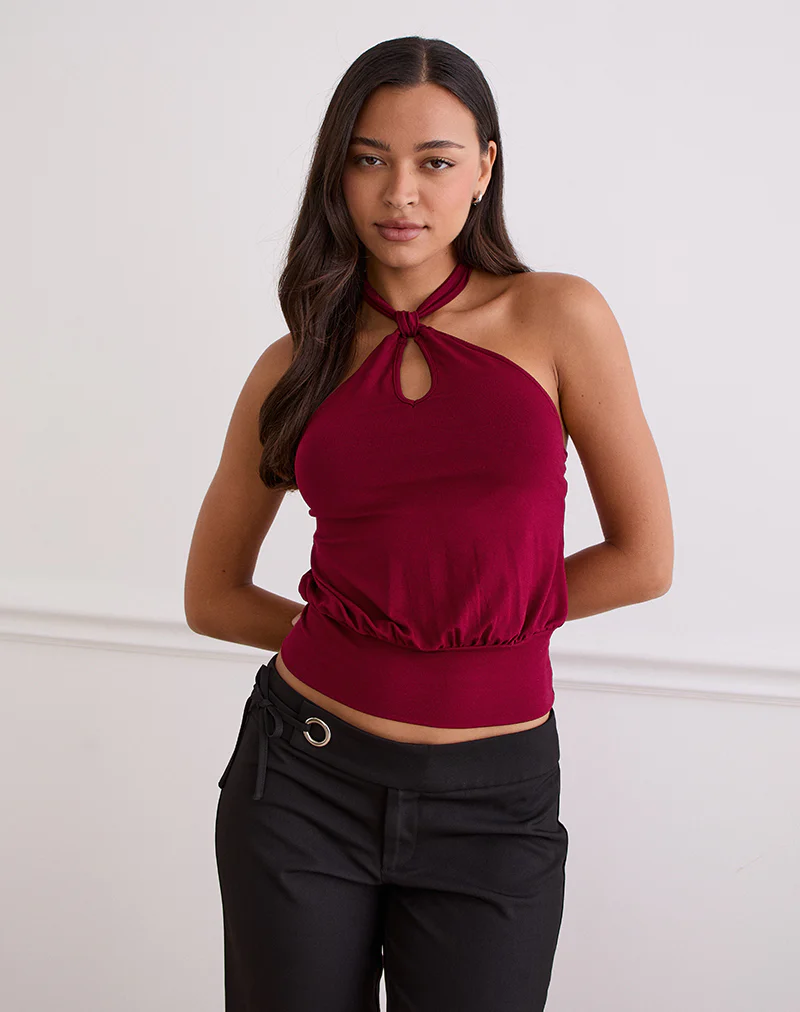 Giunea Knot Halter Top in Burgundy - Image 4