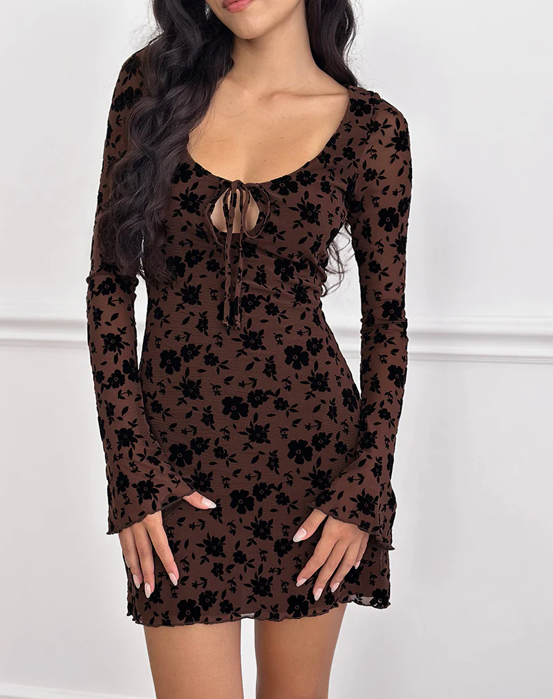 Gizio Long Sleeve Mini Dress in Garden Floral Brown - Image 4