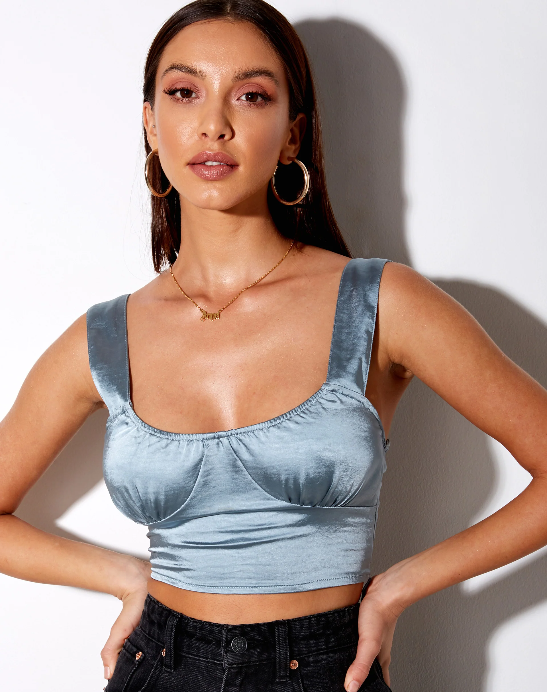 Gladis Crop Top in Satin Dusky Blue - Image 2