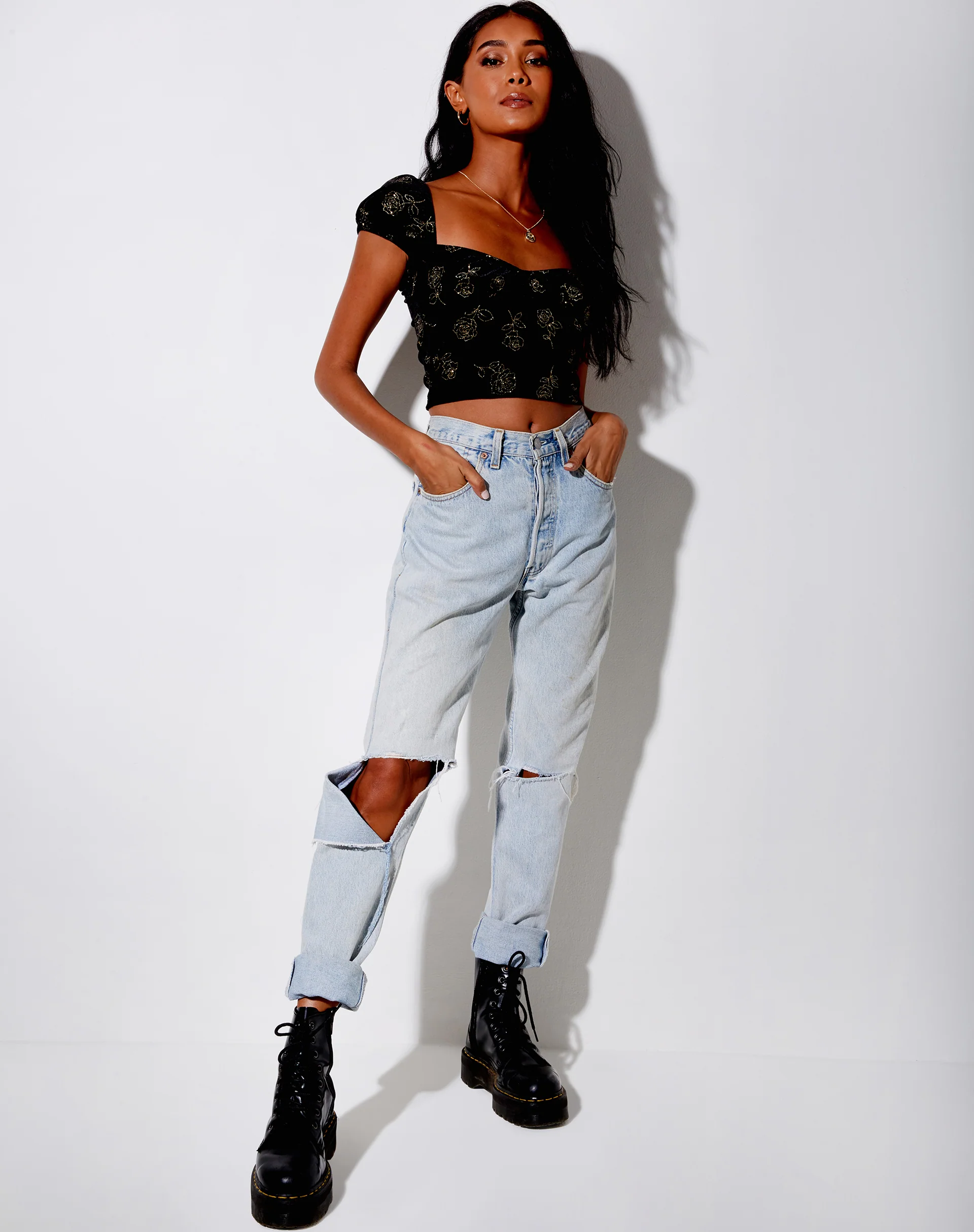 Glasty Crop Top in Black and Gold Rose Stamp - Image 3