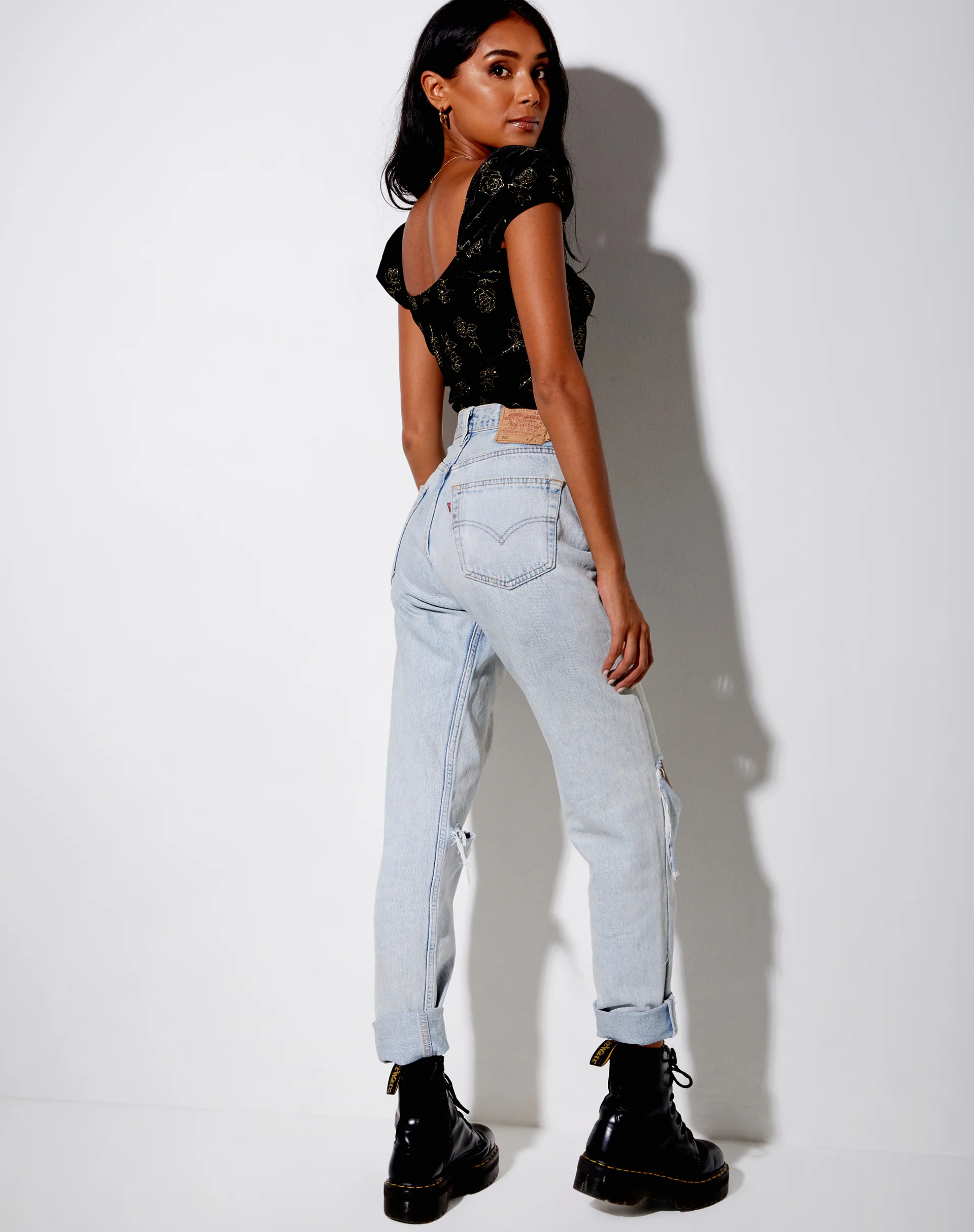 Glasty Crop Top in Black and Gold Rose Stamp - Image 4