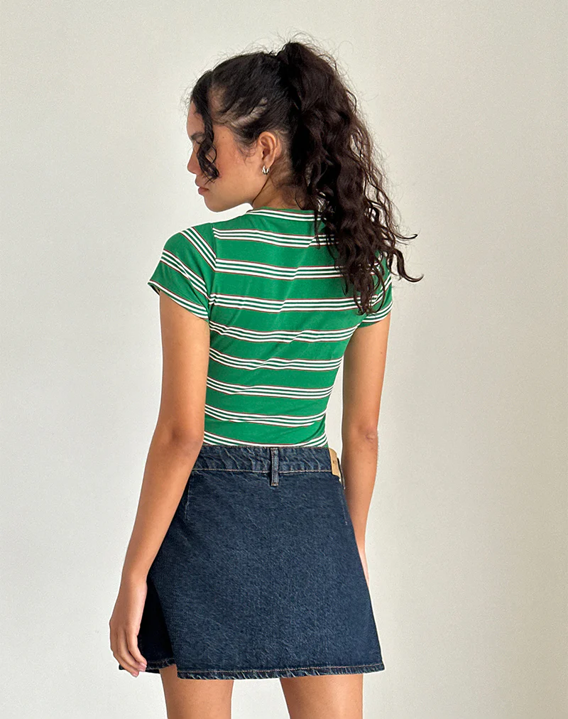 Glenda Jersey Tee in Green and White Stripe with Strawberry Motif - Image 5