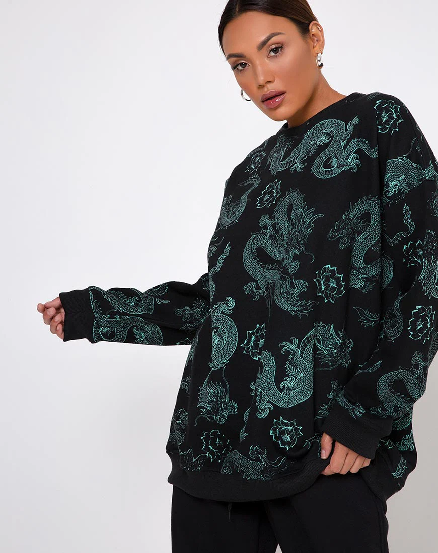Glo Sweatshirt in Dragon Flower Black and Mint - Image 6