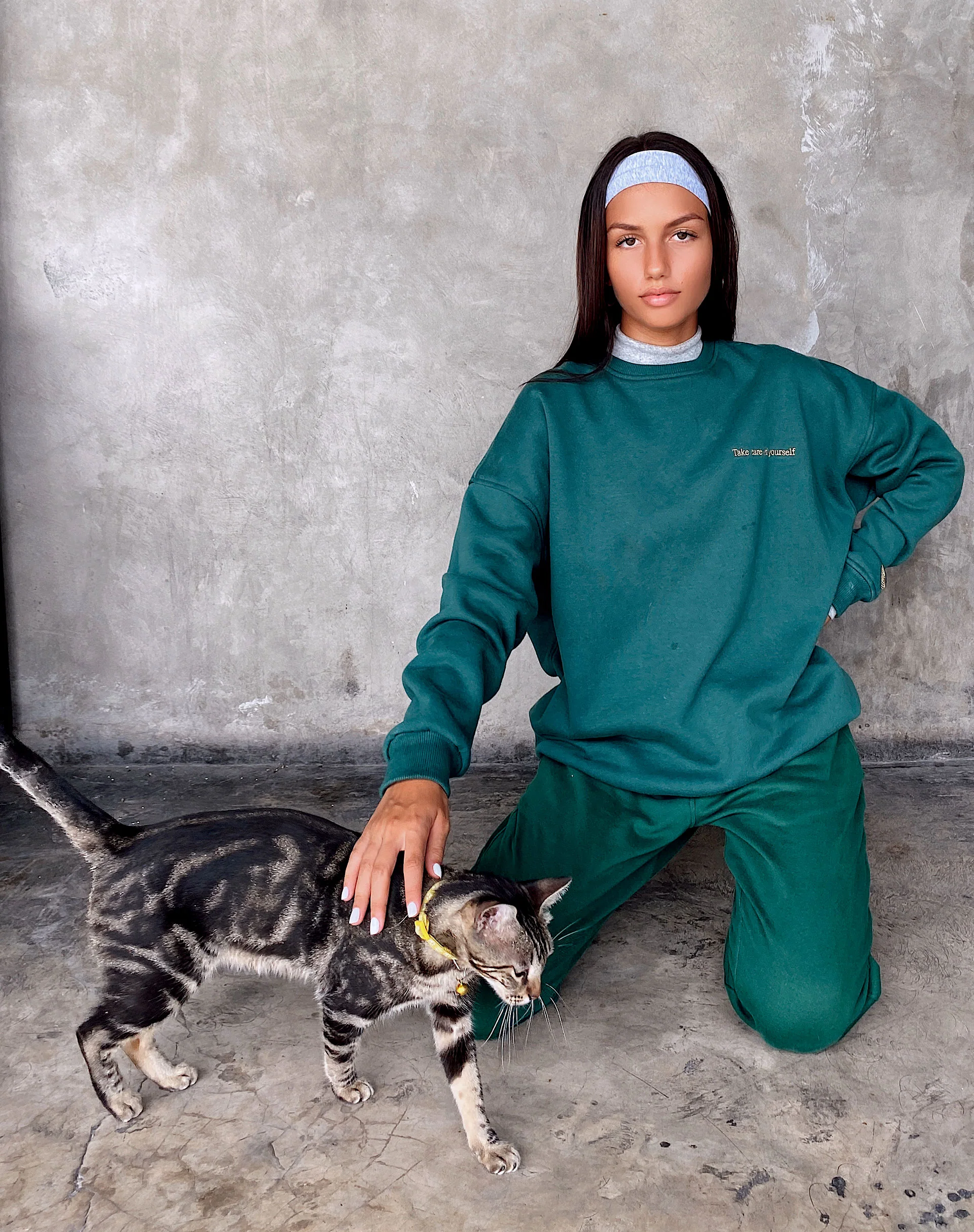 Glo Sweatshirt in Bottle Green with 'Take Care Of Yourself' Embro - Image 2
