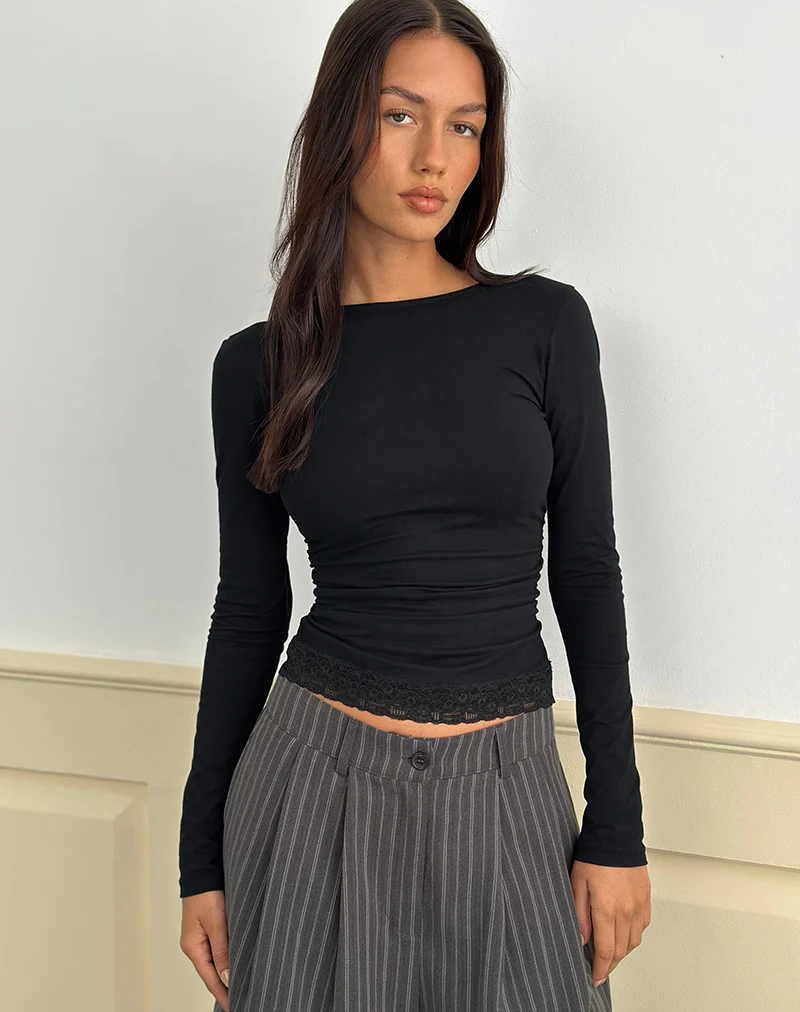 Gomira Long Sleeve Top in Black with Lace Trim - Image 3