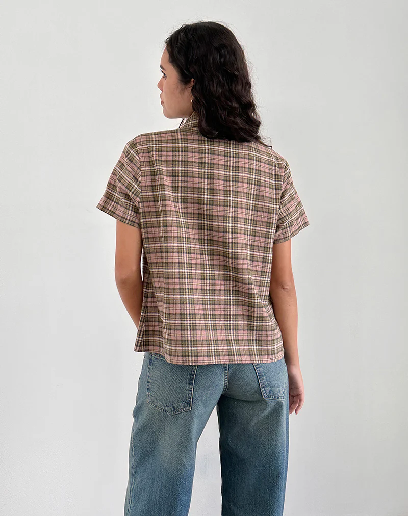 Gosanri Short Sleeve Shirt in Pink and Green Check - Image 3