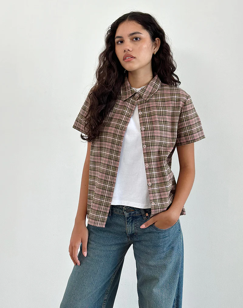 Gosanri Short Sleeve Shirt in Pink and Green Check - Image 5
