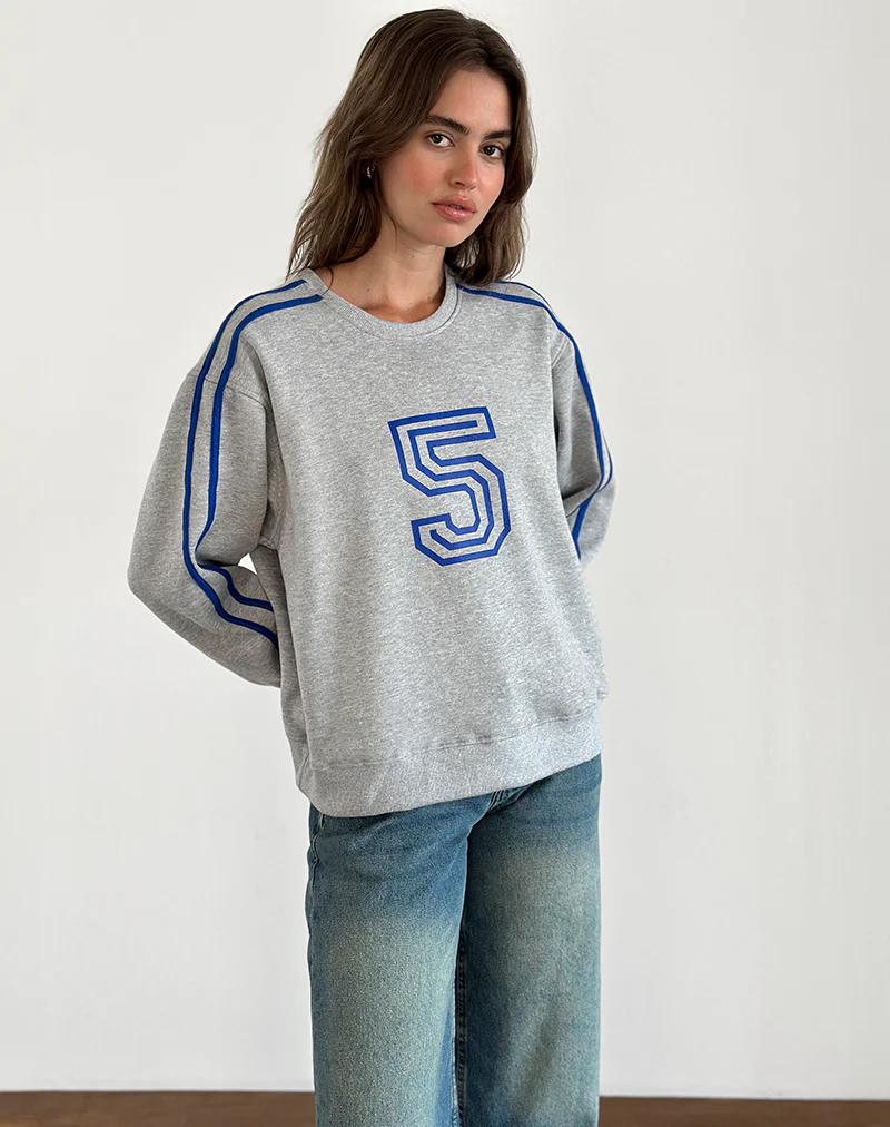 Govel Sweatshirt in Grey Marl with Cobalt Blue 5 Motif - Image 6
