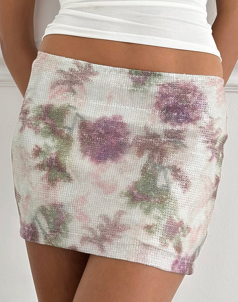 Govinda Mini Skirt in Floral Sequin White Purple - Image 4