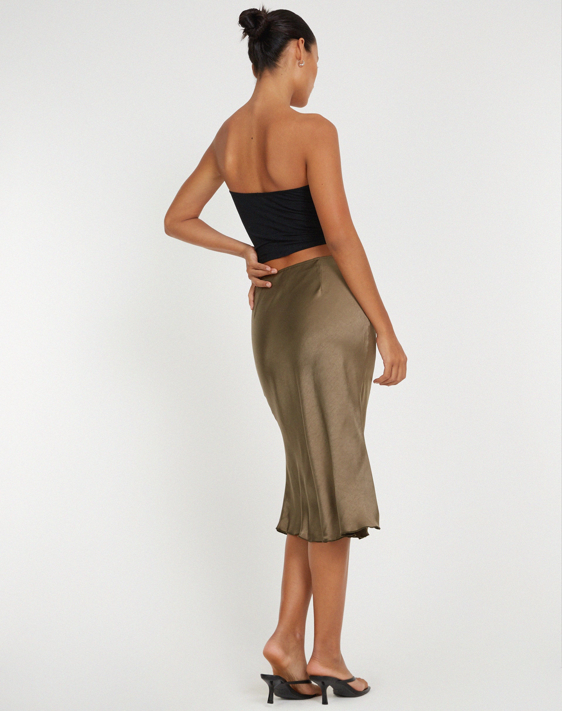 Goya Midi Skirt in Satin Dark Olive - Image 4