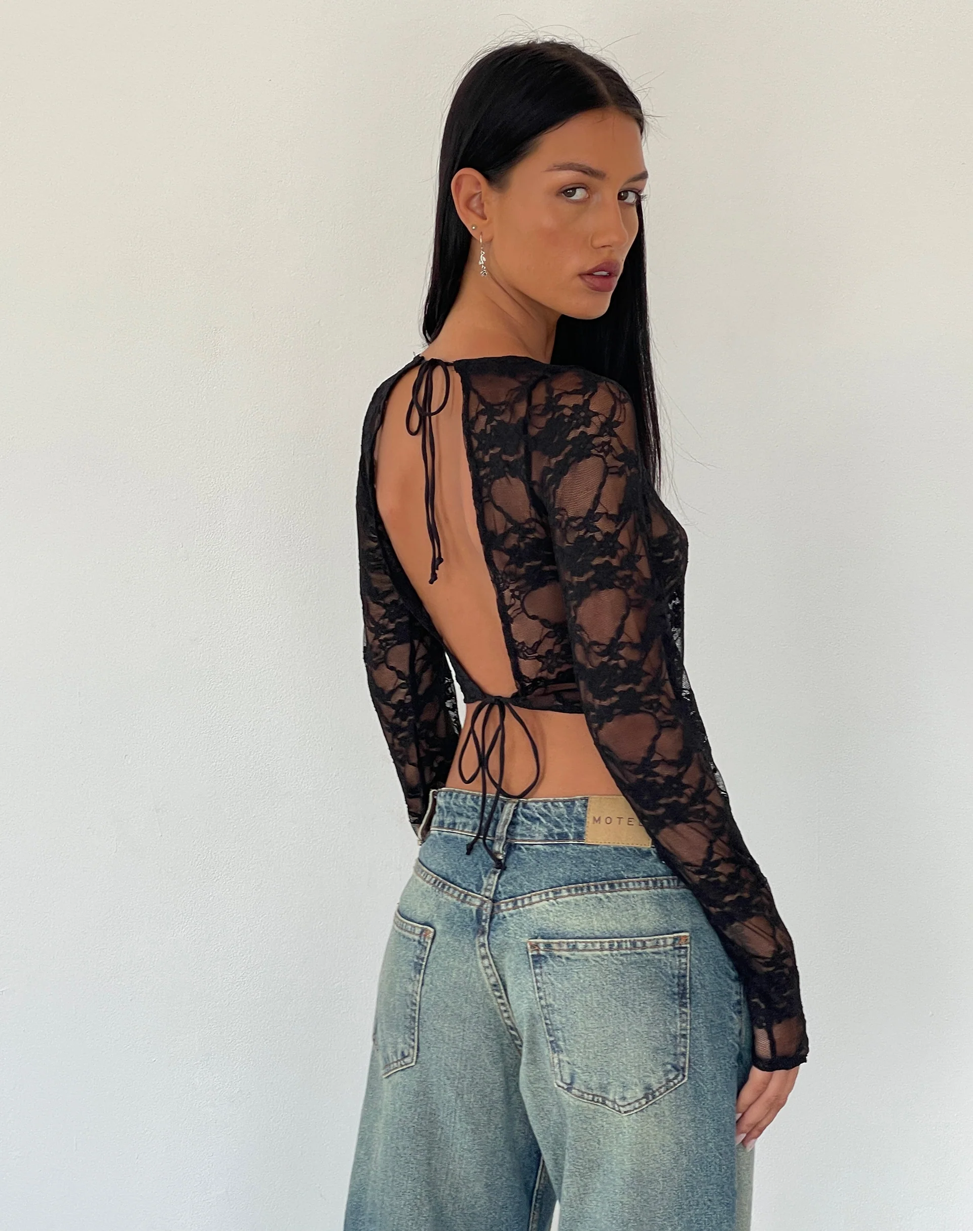 Grizelda Backless Long Sleeve Top in Black Abstract Lace - Image 2
